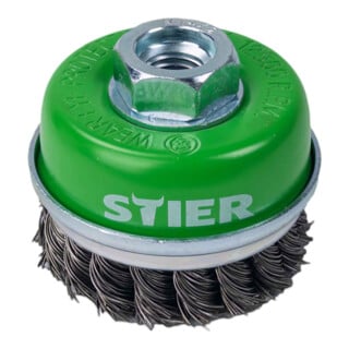 Brosse boisseau STIER Ø 65 mm, M14, 0,5 mm, torsadée, inox