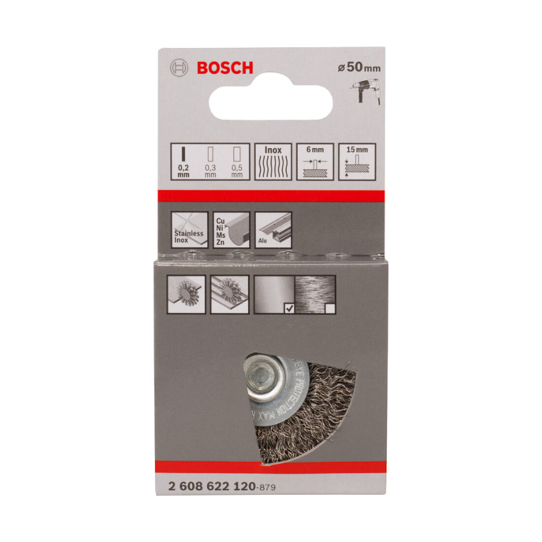 Brosse circulaire 50 mm à fils d'inox ondulés 0,2 mm 50 mm, 0,2 mm, 15 mm