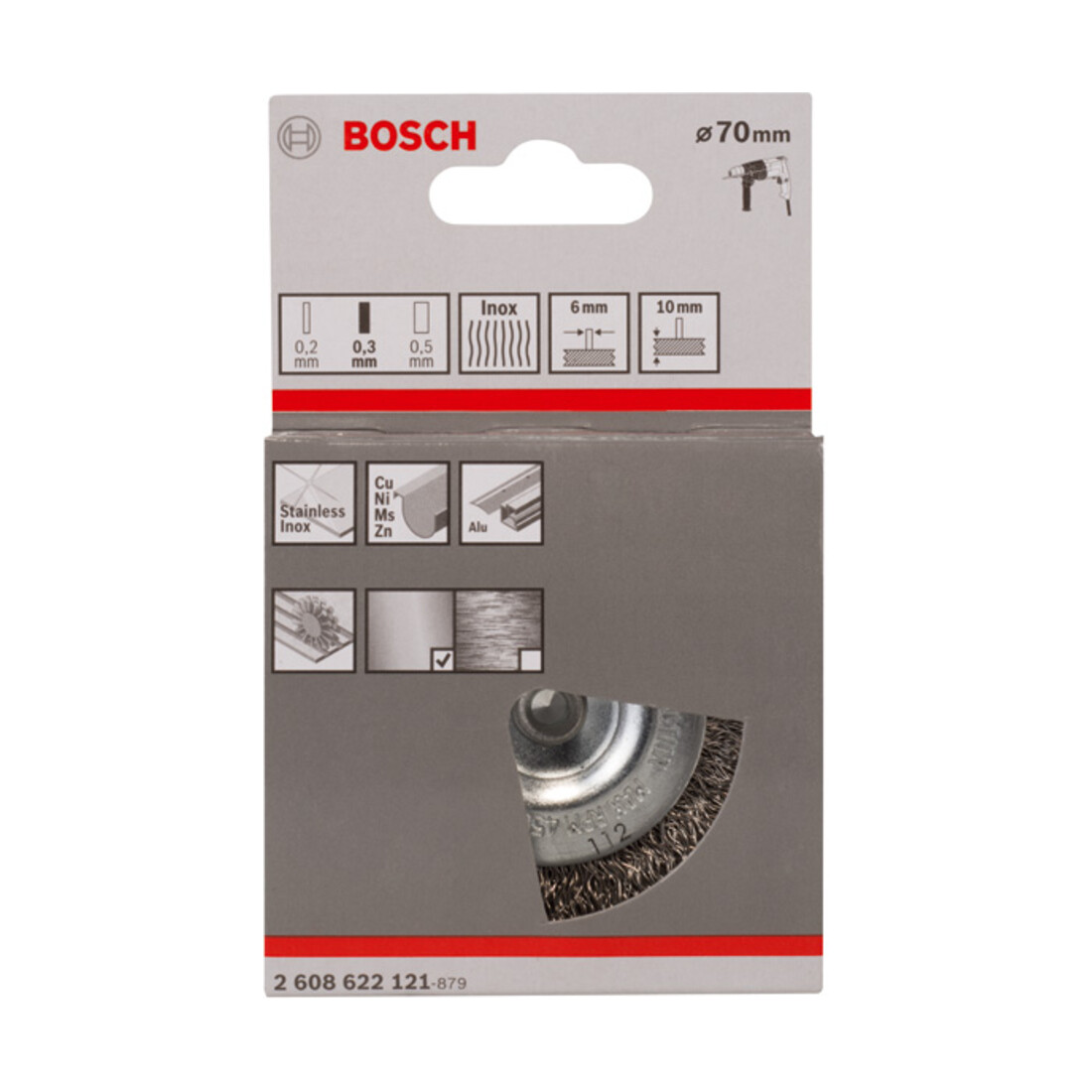 Brosse circulaire 70 mm à fils d'inox ondulés 0,3 mm 70 mm, 0,3 mm, 10 mm