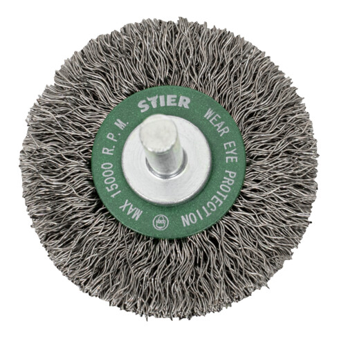 Brosse circulaire STIER, diamètre de queue 6 mm, 0,3 mm, ondulée, acier inoxydable