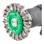 Brosse circulaire STIER Ø 75 mm, diamètre de queue 6 mm, 0,5 mm, torsadée, inox V2A-2