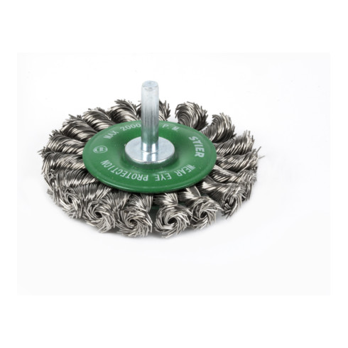 Brosse circulaire STIER Ø 75 mm, diamètre de queue 6 mm, 0,5 mm, torsadée, inox V2A