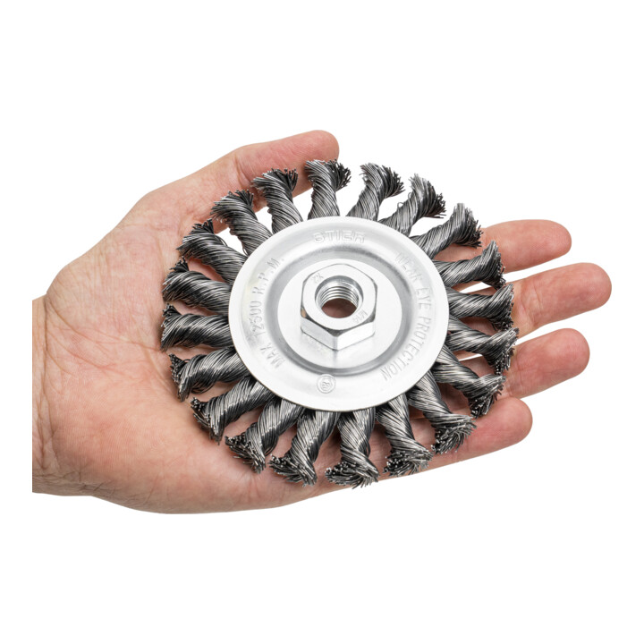 Brosse circulaire STIER Ø 115 mm, M14, 0,5 mm, torsadée, acier