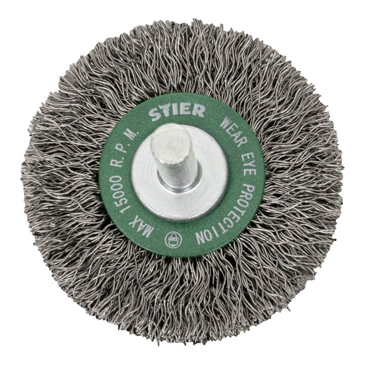 Brosse circulaire STIER Ø 50 mm, diamètre de queue 6 mm, 0,3 mm, ondulée, inox