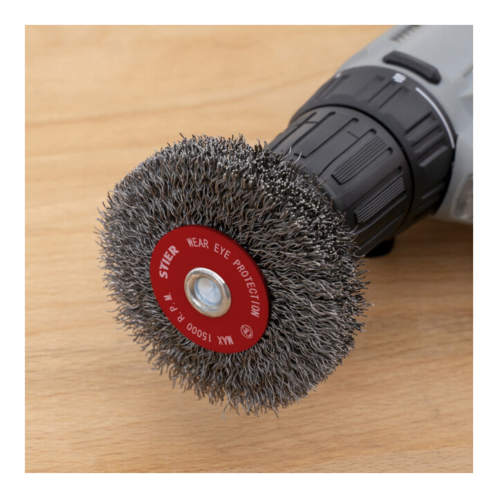 Brosse circulaire STIER Ø 70 mm, diamètre de queue 6 mm, 0,3 mm, ondulée, acier
