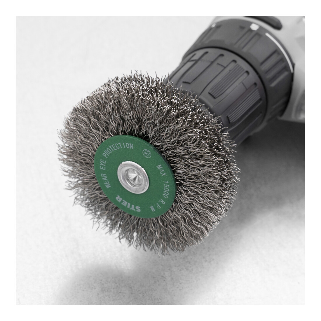 Brosse circulaire STIER, diamètre de queue 6 mm, 0,3 mm, ondulée, acier inoxydable