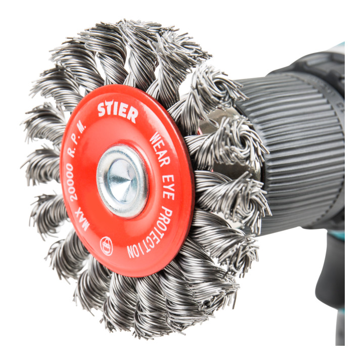 Brosse circulaire STIER Ø 75 mm, diamètre de queue 6 mm, 0,5 mm, torsadée, acier