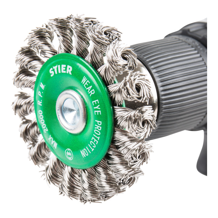 Brosse circulaire STIER Ø 75 mm, diamètre de queue 6 mm, 0,5 mm, torsadée, inox V2A