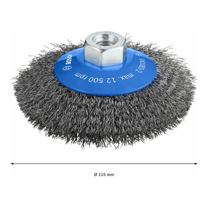 Brosse conique 115 mm à fils d'acier ondulés 115 mm, 0,3 mm, M14
