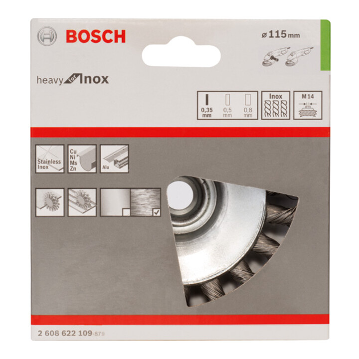 Brosse conique 115 mm à fils d'inox torsadés 115 mm, 0,35 mm, M14