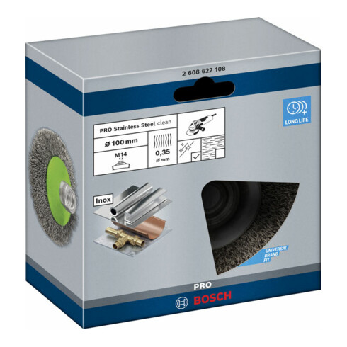 Brosse conique Bosch 100 mm à fils d'inox ondulés 100 mm, 0,35 mm, M14