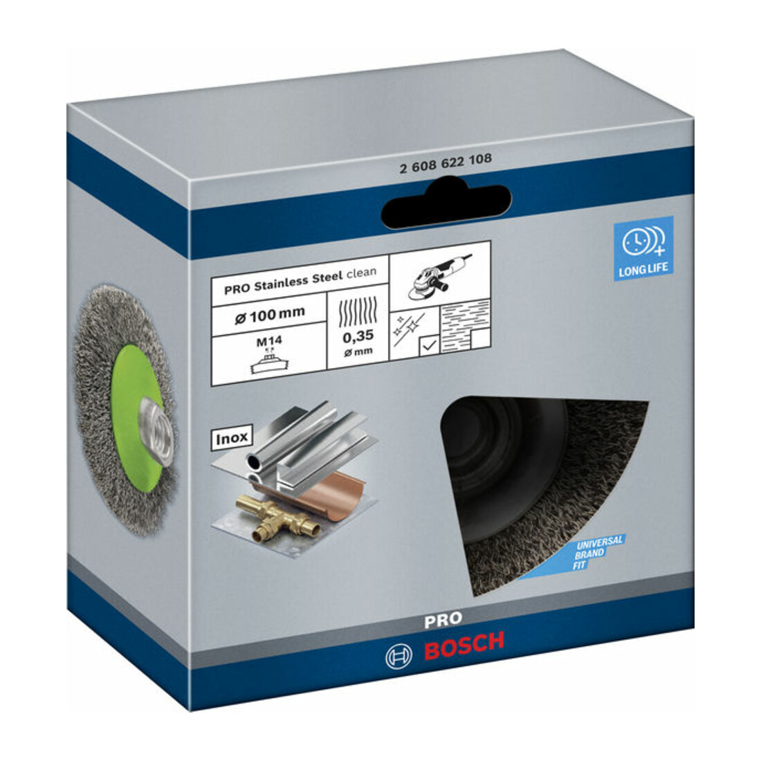 Brosse conique Bosch 100 mm à fils d'inox ondulés 100 mm, 0,35 mm, M14