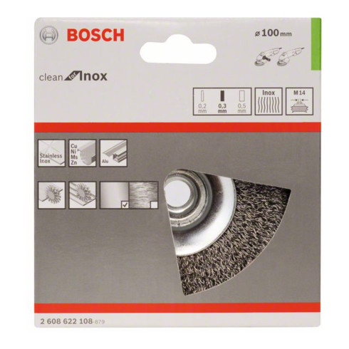 Brosse conique Bosch 100 mm à fils d'inox ondulés 100 mm, 0,35 mm, M14