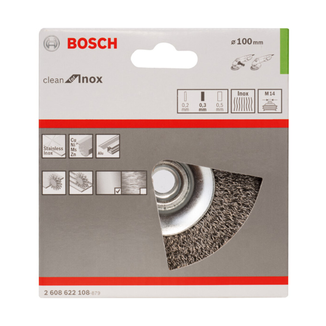 Brosse conique Bosch 100 mm à fils d'inox ondulés 100 mm, 0,35 mm, M14