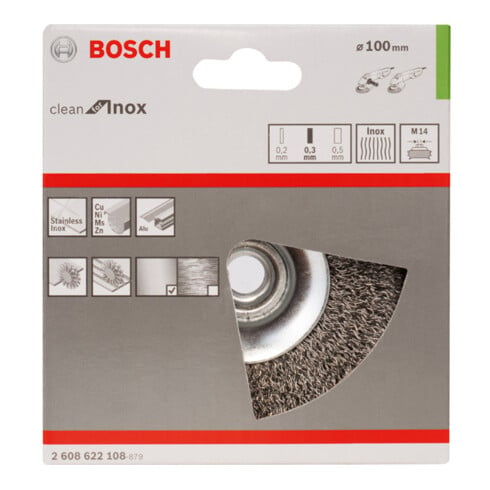 Brosse conique Bosch 100 mm à fils d'inox ondulés 100 mm, 0,35 mm, M14