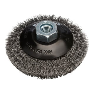 Brosse conique en acier Rhodius SKBW, avec fil d'acier ondulé pour utilisation sur meuleuses d'angle, 100 x 10 x 20 x M14 mm