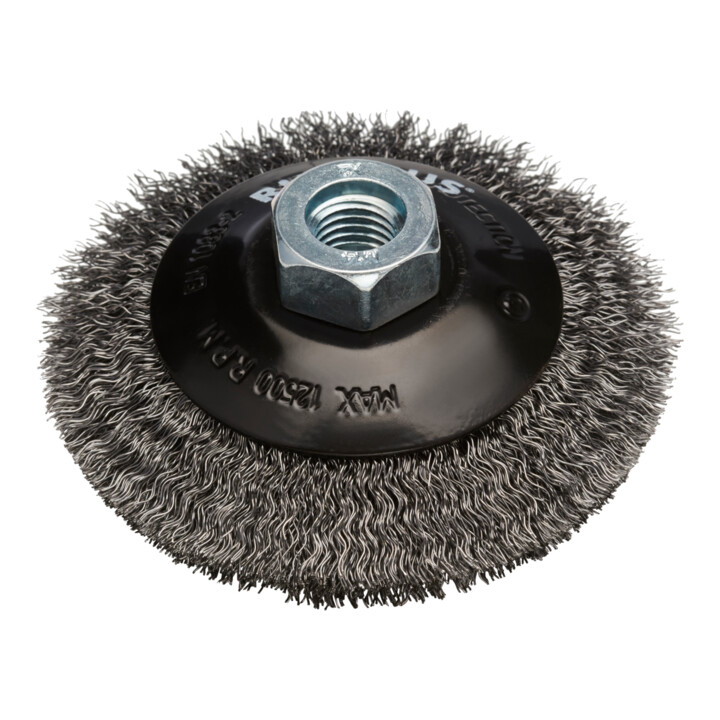 Brosse conique en acier Rhodius SKBW, avec fil d'acier ondulé pour utilisation sur meuleuses d'angle, 100 x 10 x 20 x M14 mm