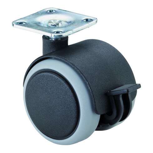 BS Kunststoffdoppelrolle m.Feststeller D.50mm Trgf. 50kg m.Platte m.Feststeller Ku.