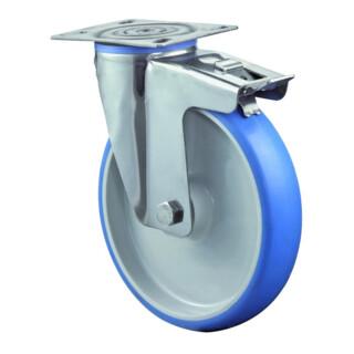 BS Rollen Lenkrolle H120.B32 Totalfeststeller Rad Ø 80mm Edelstahl Polyurethan blau 70kg
