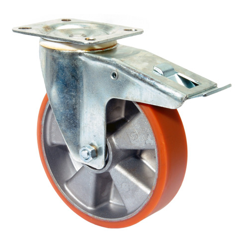 Bs Rollen Ruota girevole con dispositivo di bloccaggio Ø125mm, portata 200kg, con piastra e cuscinetti a sfere PUR fuso