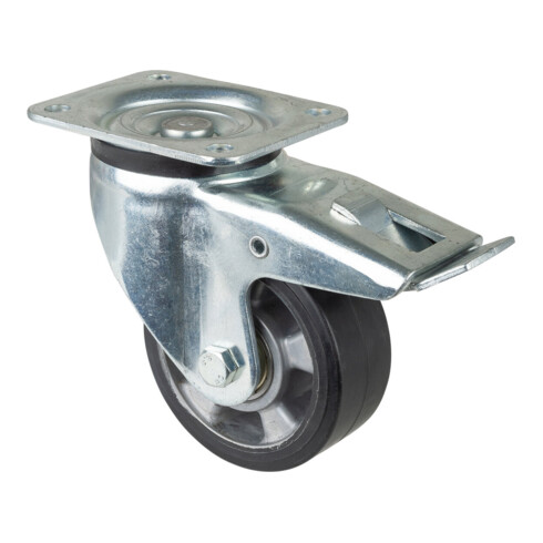 BS Schwerlastlenkrolle mit Feststeller, Elastic-Vollgummirad, stabiles Stahlblechgehäuse, verzinkt chromatiert