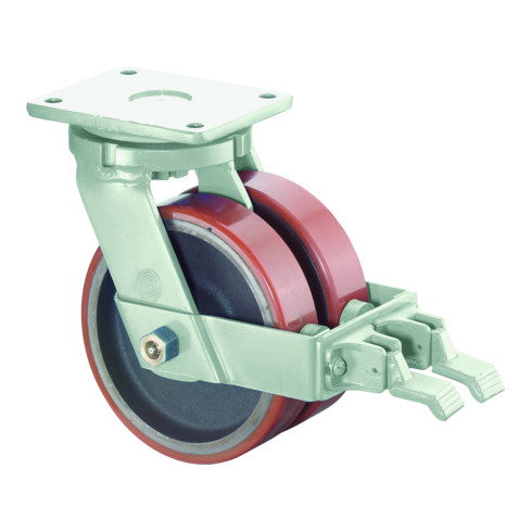 BS Doppel-Lenkrolle mit Feststeller Guss-Polyurethan-Rad, Gehäuse Stahlschweißkonstruktion, verzinkt, Kugellager im Gabelkopf