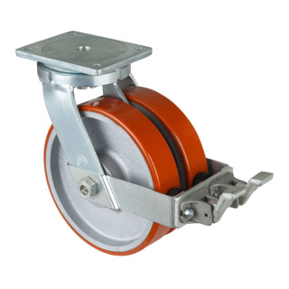 BS Rollen Schwerlastdoppelrolle S120.C10.250 Lenkrolle mit Rad-/Totalfeststeller (Ø 100 + 125 mm Feststeller im Vorlauf), Raddurchmesser 250 mm,