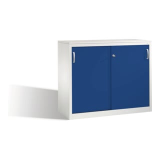 Buffet Acurado avec portes coulissantes, 2 hauteurs de dossier, H1000xL1200xP500mm devant gentiane bleu clair corps gris clair