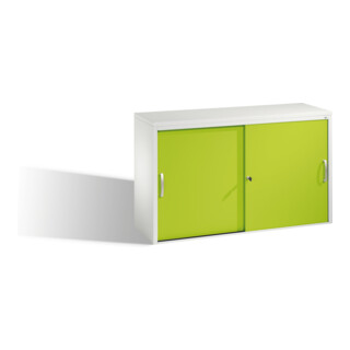 C+P File sideboard Acurado avec portes coulissantes et cloison centrale Façade vert viridine Corps gris clair
