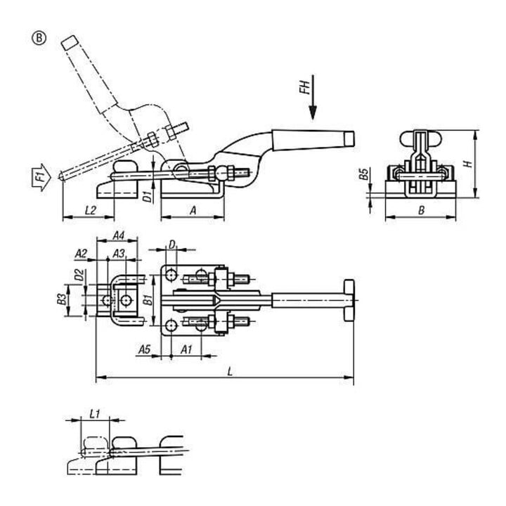 Bügelspanner horizontal standard avec contre-appui, forme B, F1=3000, acier zingué