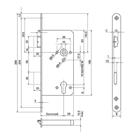 Butlereinsteckschloss 2154 PZW 24/60/92/10mm DIN R VA ktg.BKS