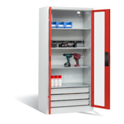 C+P Akku-Ladeschrank für 5 E-Werkzeuge, 3 Schubladen, Sichtfenster, H1950xB930xT500mm, Feuerrot/Lichtgrau-2