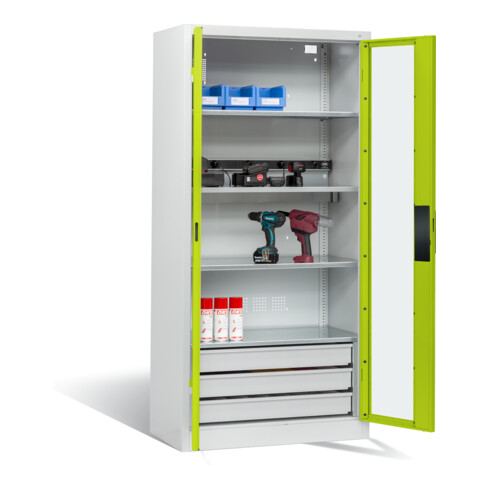 C+P Akku-Ladeschrank für 5 E-Werkzeuge, 3 Schubladen, Sichtfenster, H1950xB930xT500mm, Viridingrün/Lichtgrau