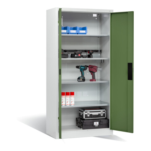 C+P Akku-Ladeschrank für 5 E-Werkzeuge, H1950xB930xT500mm, Resedagrün/Lichtgrau