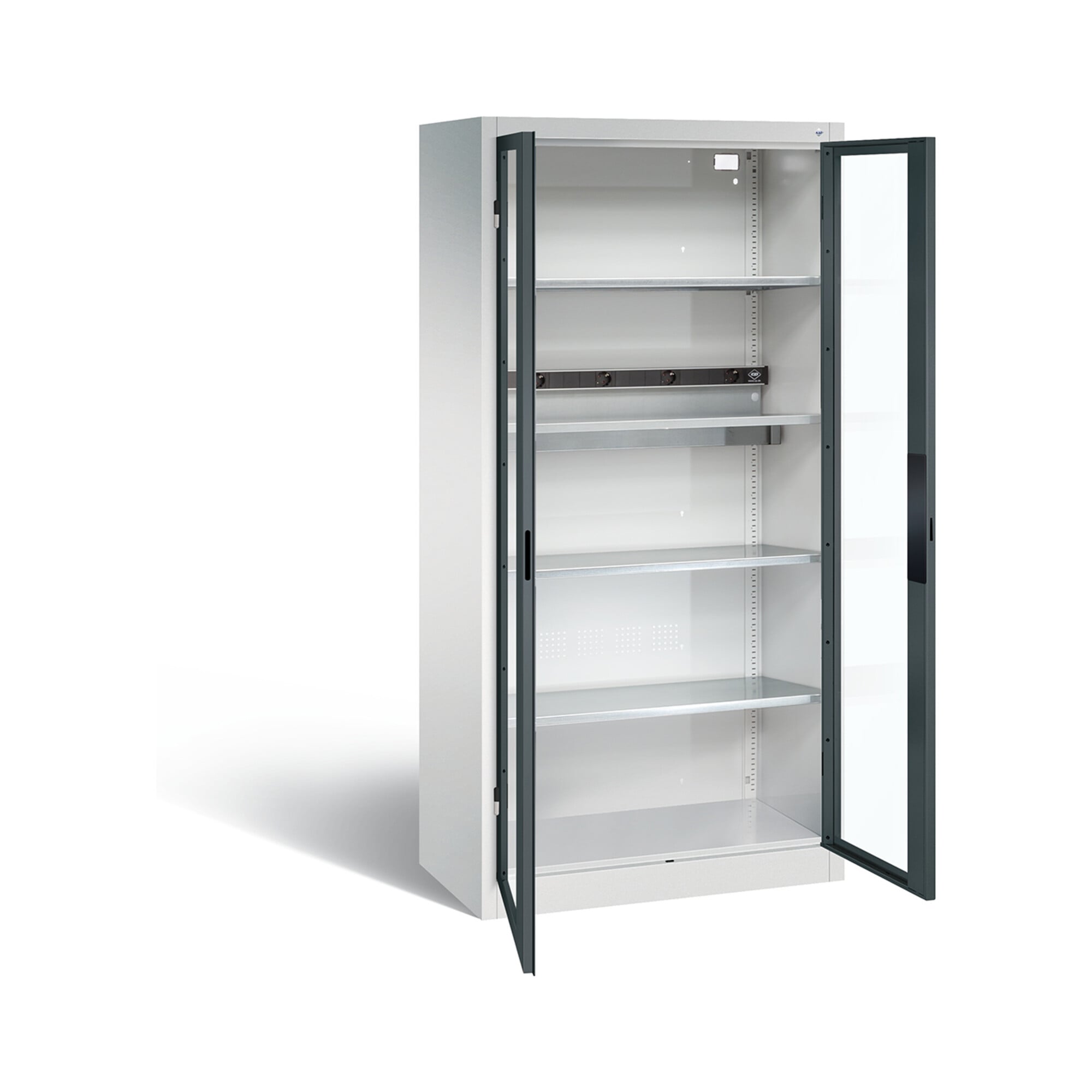 C+P Akku-Ladeschrank für 5 E-Werkzeuge, Sichtfenster, H1950xB930xT500mm, Anthrazitgrau/Lichtgrau ; C + P Möbelsysteme