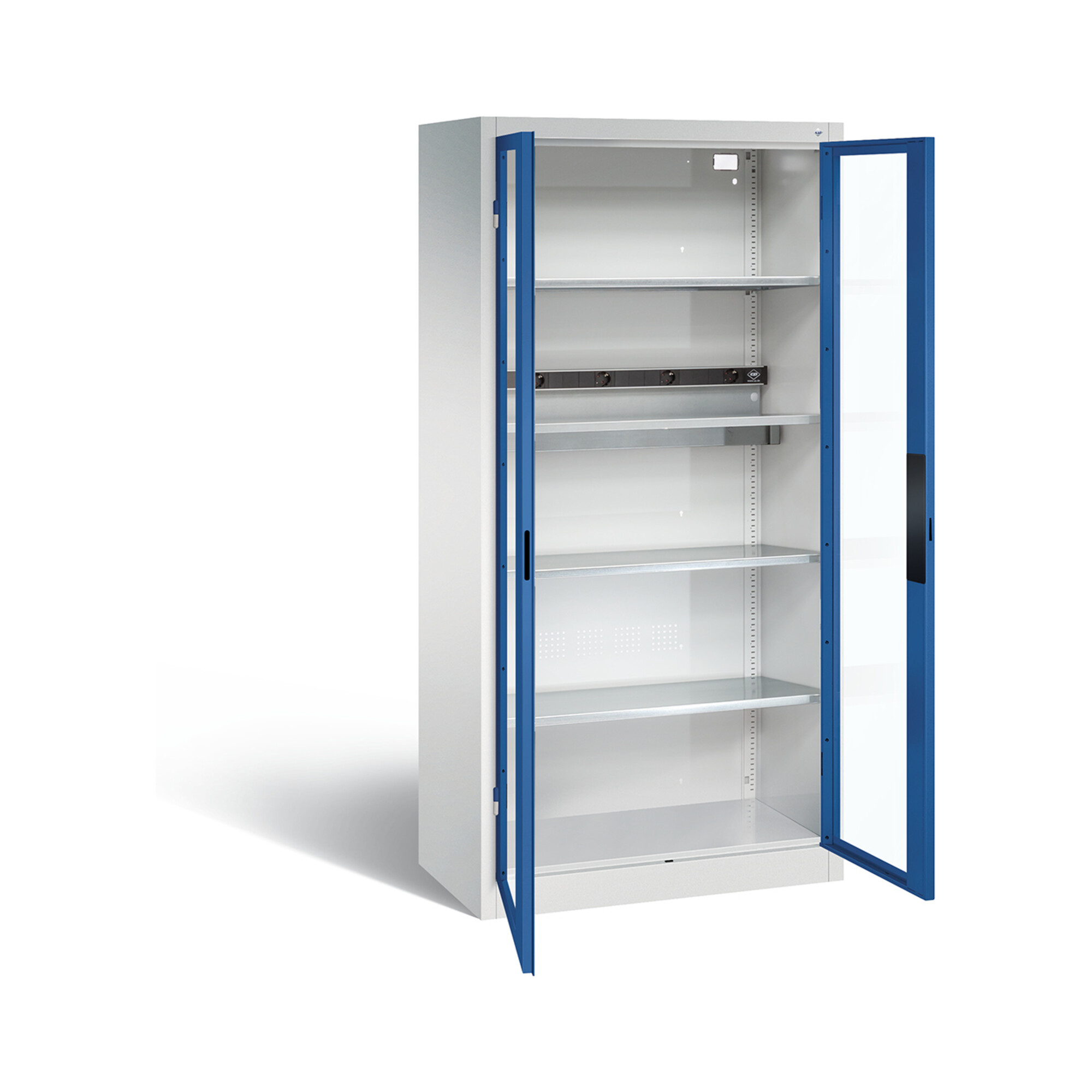 C+P Akku-Ladeschrank für 5 E-Werkzeuge, Sichtfenster, H1950xB930xT500mm, Enzianblau/Lichtgrau ; C + P Möbelsysteme