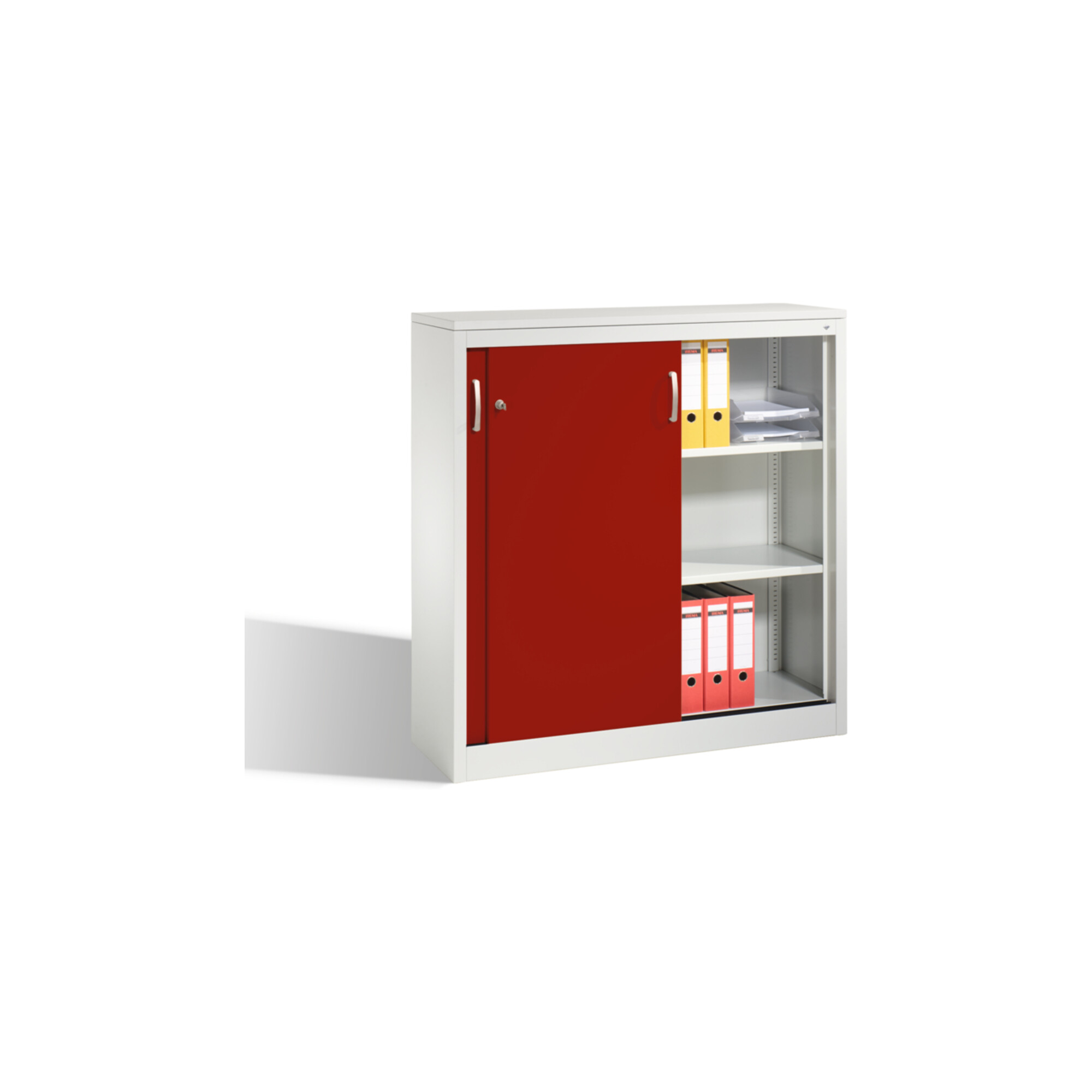 C+P Akten-Sideboard Acurado mit Schiebetüren, 3 Ordnerhöhen, H1200xB1200xT400mm Front Rubinrot Korpus Lichtgrau ; C + P Möbelsysteme