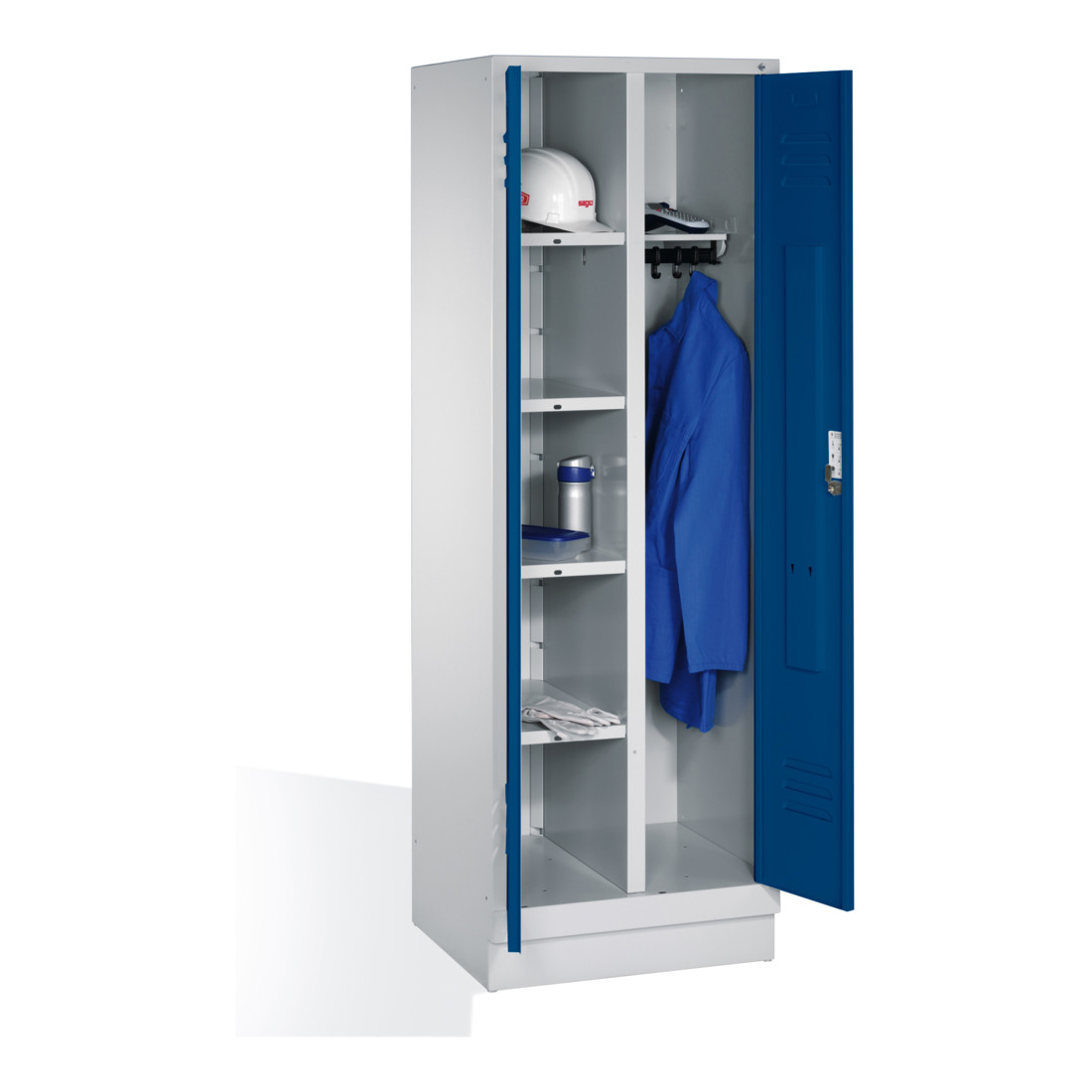 C+P Armoire à linge Classic sur socle, 2 compartiments, H1850xL610xP500mm Façade Corps bleu gentiane Corps gris clair