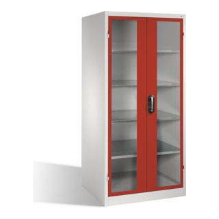 C+P Armoire à outils XXL avec portes battantes à fenêtre, 4 étagères intérieures, H1950xL930xP800mm Face rubis Corps gris clair