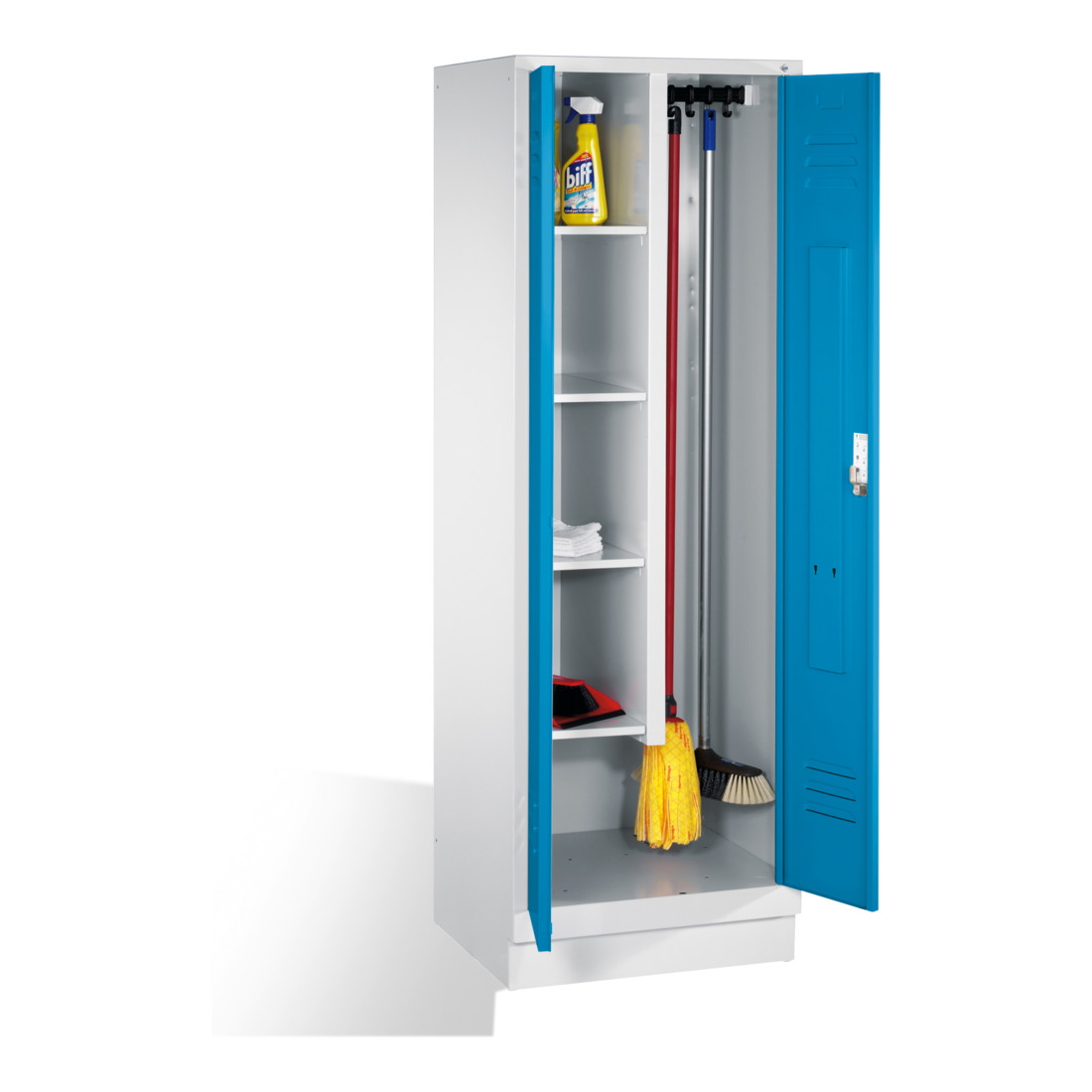 C+P Armoire à produits nettoyants Classic sur socle 2 compartiments avant bleu clair carrosserie gris clair carrosserie gris clair