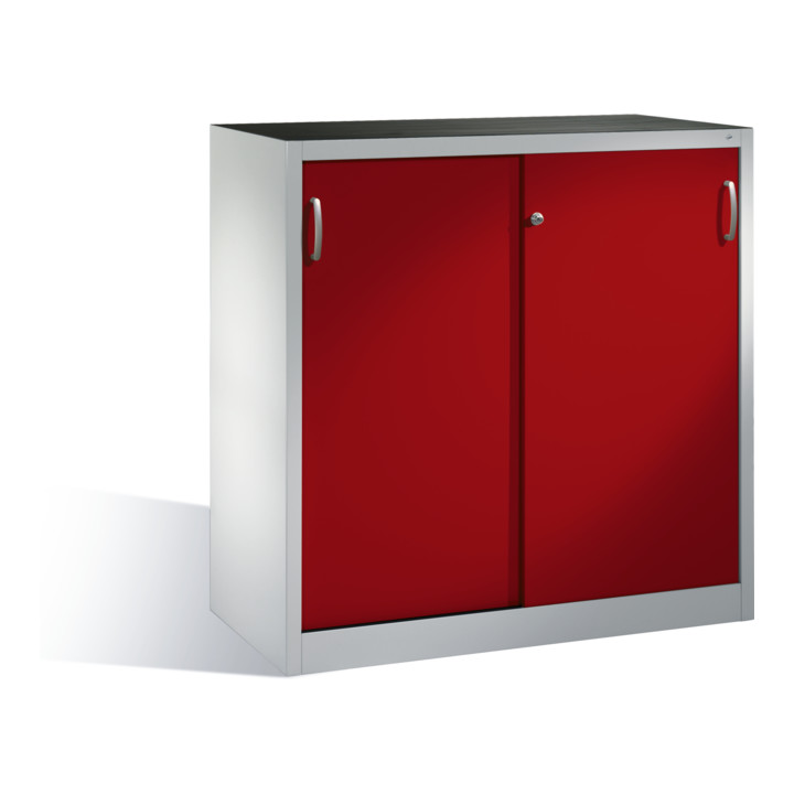 C+P Armoire latérale robuste avec portes coulissantes, 2 étagères, H1200xL1200xP500mm Face avant rouge rubis Carcasse gris clair