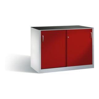C+P Armoire latérale robuste avec portes coulissantes, 2 x 1 tablette, H1000xW1600xD500mm Façade rouge rubis Caisson gris clair