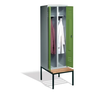 C+P Double pupitre Classic avec banc, 2 compartiments, H2090×I610×P500/815mm, façade vert réséda, corps gris clair