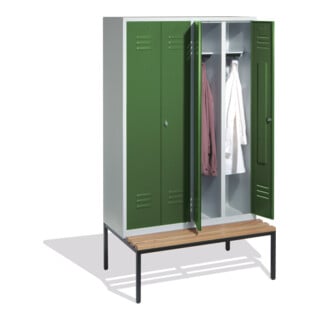 C+P Doppelspind Classic mit Sitzbank, 4 Abteile, H2090xB1190xT500/815mm Front Resedagrün Korpus Lichtgrau
