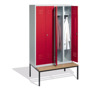 C+P Doppelspind Classic mit Sitzbank, 4 Abteile, H2090xB1190xT500/815mm Front Rubinrot Korpus Lichtgrau