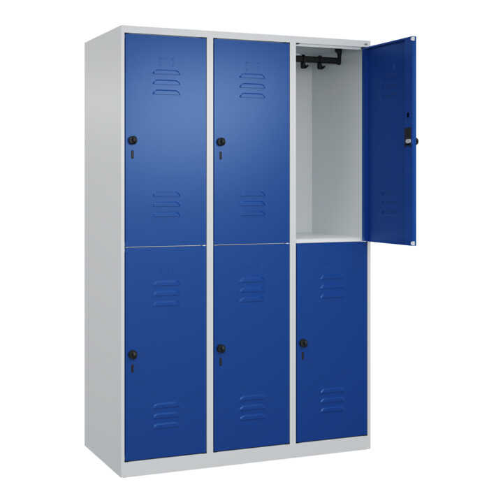 C+P Doppelstock-Spind Classic PLUS, 3 Abteile, 1850x1200x500mm, 7035/5010 Verschluss Sicherheits-Drehriegel