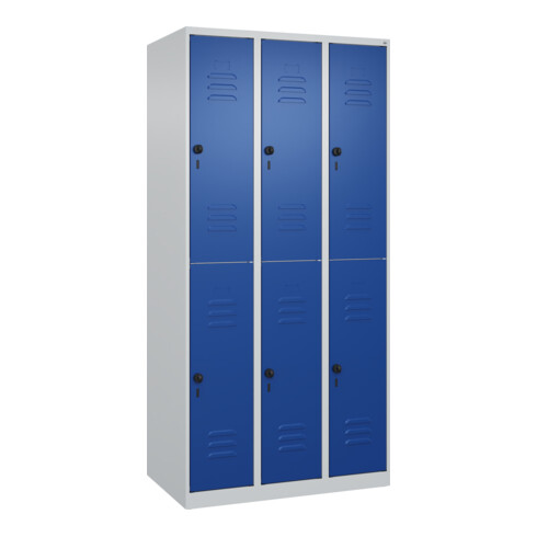 C+P Doppelstock-Spind Classic PLUS, 3 Abteile, 1850x900x500mm, 7035/5010 Verschluss Sicherheits-Drehriegel