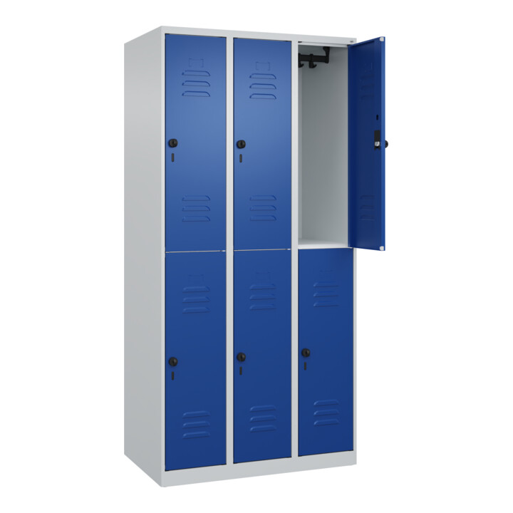 C+P Doppelstock-Spind Classic PLUS, 3 Abteile, 1850x900x500mm, 7035/5010 Verschluss Sicherheits-Drehriegel