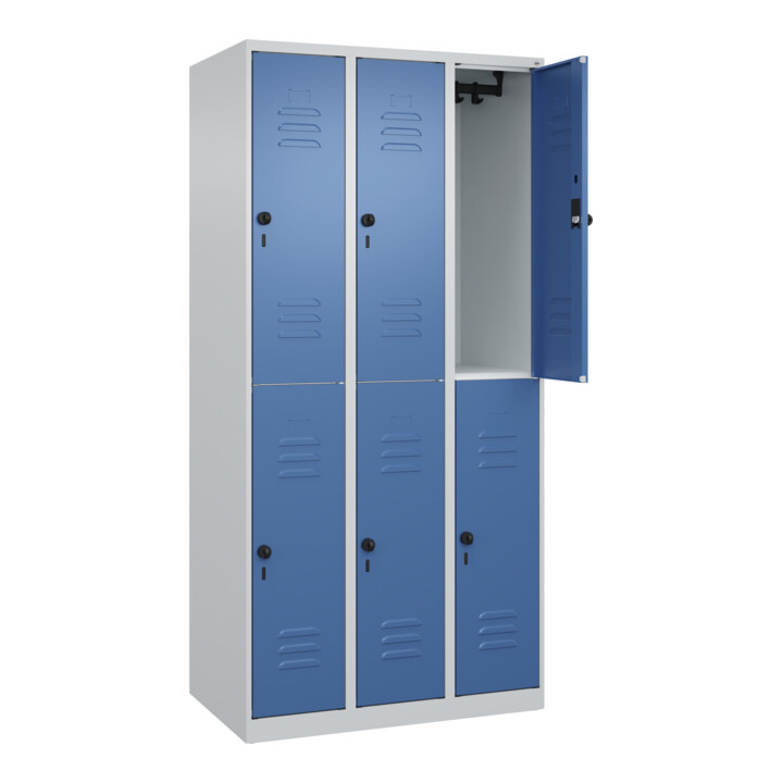 C+P Doppelstock-Spind Classic PLUS, 3 Abteile, 1850x900x500mm, 7035/5023 Verschluss Sicherheits-Drehriegel