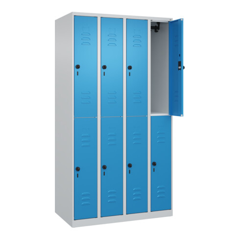C+P Doppelstock-Spind Classic PLUS, 4 Abteile, 1850x1000x500mm, 7035/5012 Verschluss Sicherheits-Drehriegel